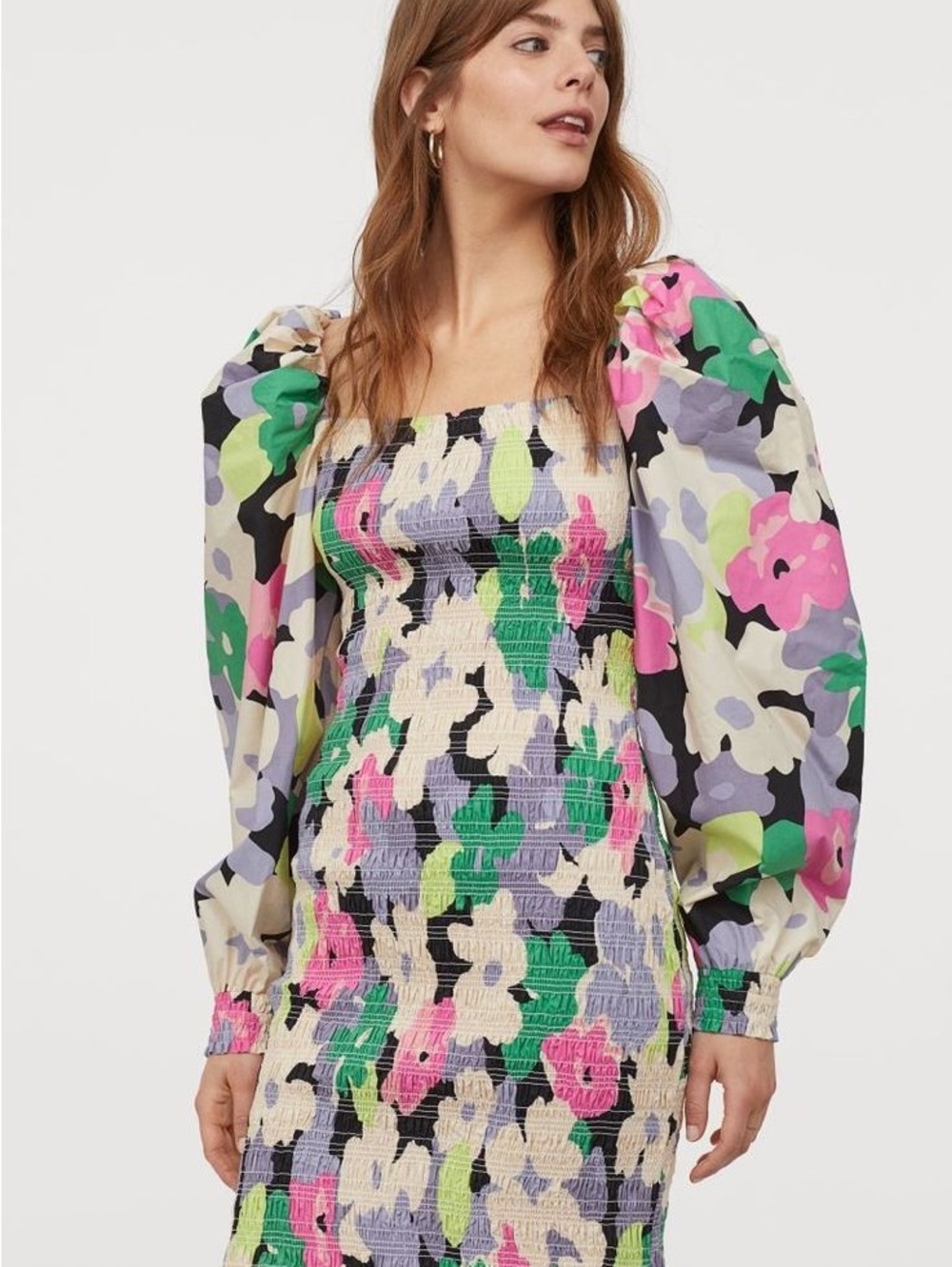 H&M Multicolor Floral Smocked Midi Dress with Puff Sleeves